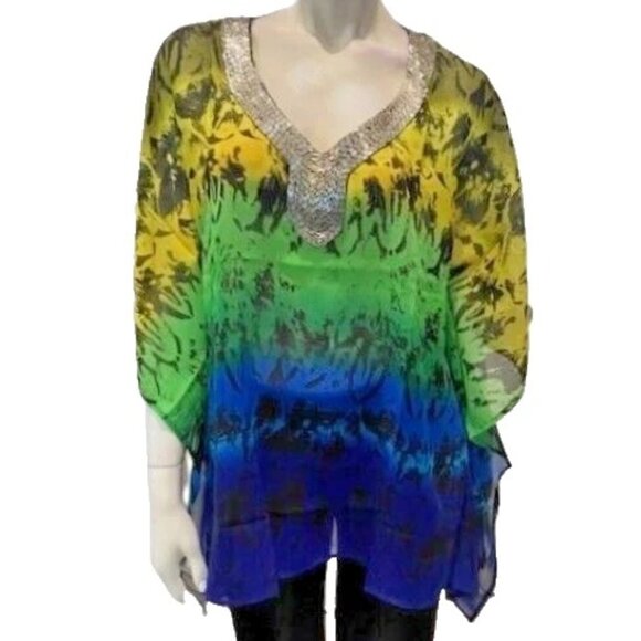 Joan Boyce Multi Color Chiffon Tunic V-Neck w/Silver Beaded Trim Missy NWT $99 - Picture 5 of 15